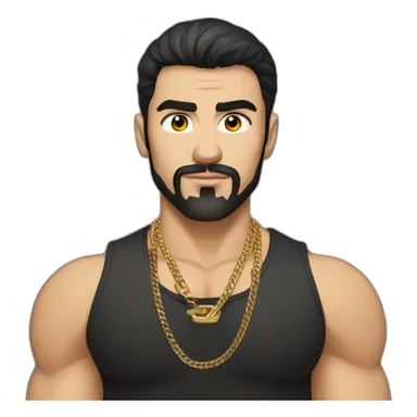 Russian muscular thug man aged 26 wearing gold chain with black hair and short beard sticker