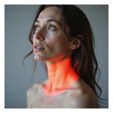 woman with hyperthyroidism, thyroid highlighted in red on the neck, protruding eyes, thin skin, anatomical focus on thyroid, hyperrealism, 4K, neutral background sticker