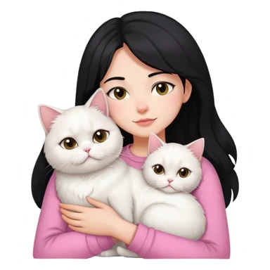 Black layered hair girl pink shirt snuggling one white Persian cat sticker