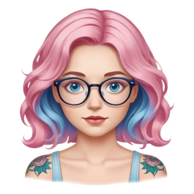  Hyper Realistic model, pale woman, pink wavy balayage hair, blue eyes and glasses, shoulder tattoo  sticker