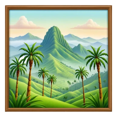 Cinematic Realistic Cocora Valley Landmark Emoji, featuring towering wax palm trees swaying in the misty green valley, with rolling hills and distant mountain peaks bathed in warm morning light. sticker
