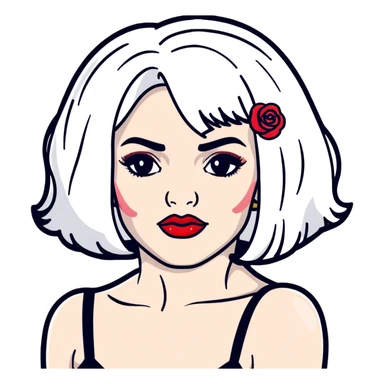 Moira Rose from Schitt's Creek saying "bébé" with dramatic facial expression, bold red lips, and black and white wig sticker