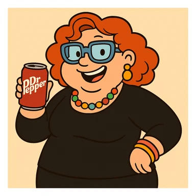 Add jewelry including earrings and a necklace, dress her in black clothes, and put a Dr Pepper soda in her hand. Keep her fun and approachable in the style of the original image. sticker