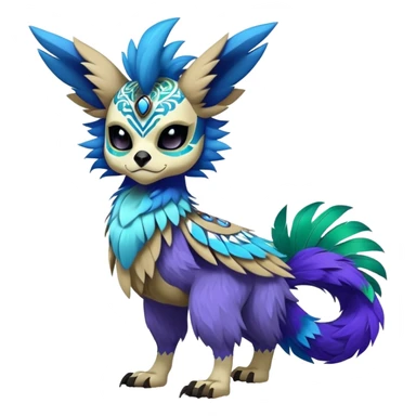 Furry cute colorful exotic tribal feral anime-styled Fakémon-Pokémon-animal-creature with a skull mask, and blue feathers around neck, and blue feathers, with long furry ears, long furry tail, 4 legs, (full body), with intricate pattern-markings  sticker