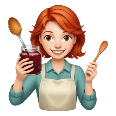 redhead woman with big smile taking some jam with a spoon from glass jar sticker