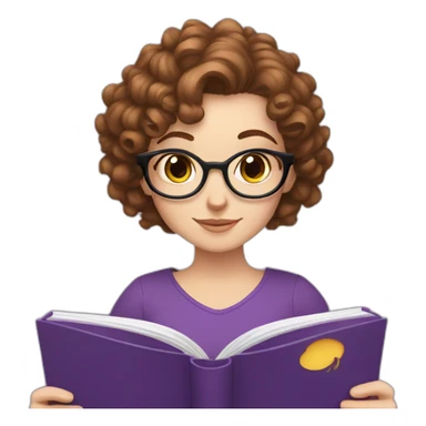 white girl without glasses and really short brown curly hair reading a purple book sticker