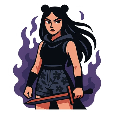 mysterious gothic female fighter with long flowing black hair, sharp intense eyes, small black bear ears, sleeveless black ritual robe top, gray combat shorts with dark floral pattern, quiet but commanding presence, soft dark aura sticker