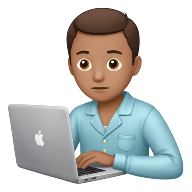 man with pajamas sitting and working on a laptop sticker