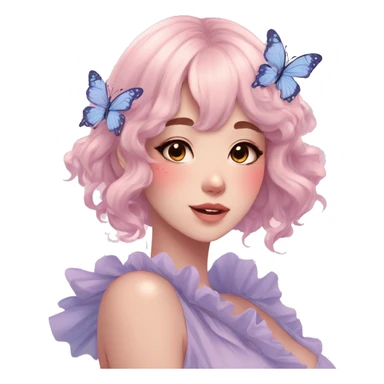 Gorgeous pastel anime style lady with blushing face and butterflies aesthetic trending style sticker