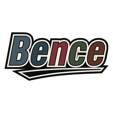 Text image of the name 'Bence' in a masculine, modern, gradient font with precise Hungarian characters, dark contour, extra thick, prominent white letter outline as in reference images, dynamic slanted underline, masculine color shades including blue, gray, burgundy, green, and brown, 1000x1000 px, PNG, transparent background. sticker
