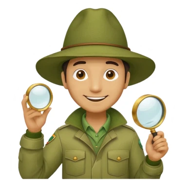  man in beige moss green explorer outfit, hat, holding magnifying glass, smile sticker