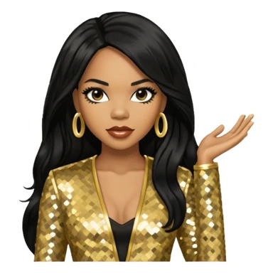 Tenitra Michelle Williams, R&B Singer from Destiny's Child with long black hair, gold sequin outfit, medium dark skin sticker