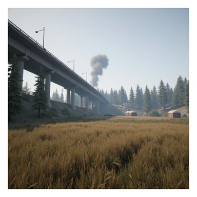  a screenshot of a location in a videogame  the image of the scene consists of: a tall above-ground freeway with a collapsed section in the distance, a wooded area, a small field of wheat, a tall workshop in the distance, and 2-foot tall sandbag wall-fortifications. distant smoke sticker