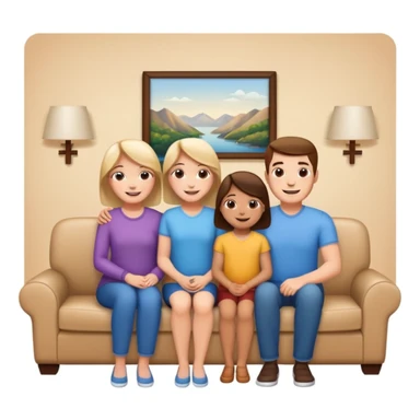 family posing for photo, living room background sticker
