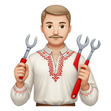 A Ukrainian man wearing traditional white embroidered vyshyvanka shirt holding red scissors in one hand and a spanner/wrench in the other hand sticker
