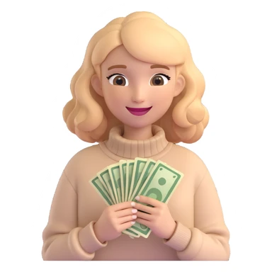 girl with rummy hair in beige sweater happy with money in hands sticker