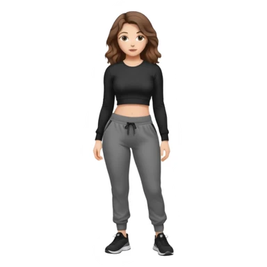 Girl with brown wavy hair, dream body ( small waist, wild hips and big glute) in black long sleev sticky top, grey jogger sticker