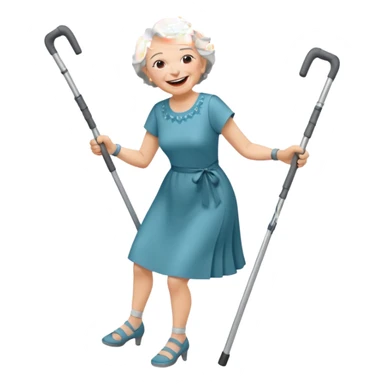 elderly woman with pants, short grey hair, laughing and dancing th crutches sticker
