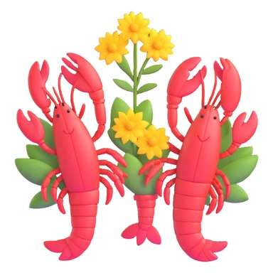 lobsters in love, one giving a flower to the other with hearts sticker