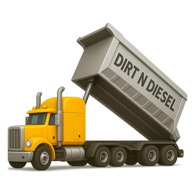 Edit the image to show a silver trailer dumping, attached to a yellow sleeper semi truck. Keep the words 'Dirt n Diesel' visible. The style should resemble an emoji style look. Remove the background completely. sticker