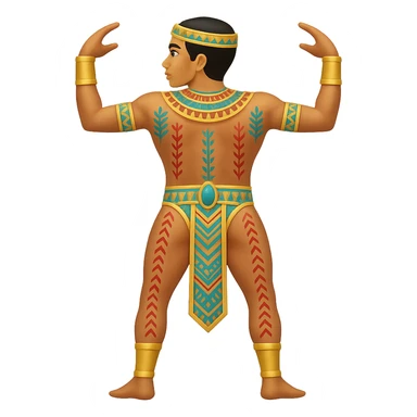 Remove the horns from the Egyptian human bull leaper in the back view 'are you entertained' pose. Add traditional Egyptian patterns. Preserve all other details. The style is emoji style. Remove the background. sticker