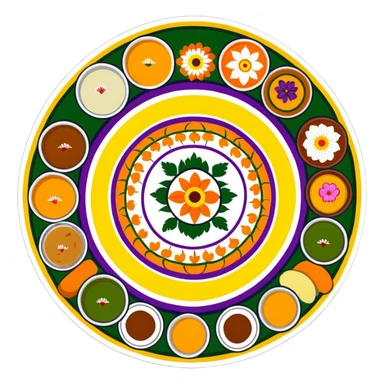 Onam celebration with pookalam flower rangoli and traditional malayali sadhya meal sticker