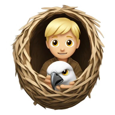 Blonde boy inside a nest eating an eagle egg, becoming an Eagler. sticker