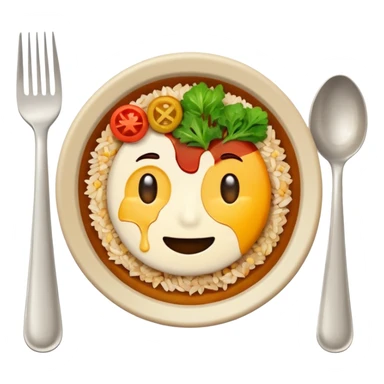  dirty plate after eating, leftover food scraps, vegetable pieces, rice grains, sauce stains on the plate, fork and spoon placed beside the plate, no face, no character, no human features, realistic food leftovers, clean and simple background, soft lighting, high quality, emoji style sticker