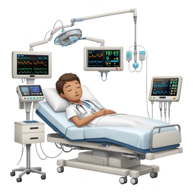 Hospital room with sleep study setup, hospital bed with sleeping patient, doctor in white coat, EEG machine, brain wave monitors, and hospital equipment sticker