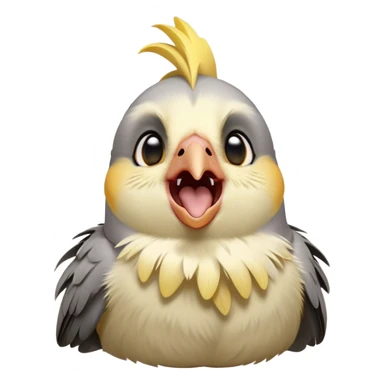 Cinematic Cute Yawning Cockatiel Portrait Emoji, Head tilted slightly with a dramatic, wide-open yawn, showcasing a soft grey fur with subtle yellow accents and gently drooping crest feathers, round dark eyes barely open in drowsy contentment, Simplified yet irresistibly adorable features, highly detailed, glowing with a soft, cozy glow, high shine, relaxed yet expressive, stylized with a touch of whimsy, bright and endearing, soft glowing outline, capturing the essence of a sleepy yet affectionate cockatiel, so drowsy it feels like it could stretch out of the screen and curl up for a nap! sticker