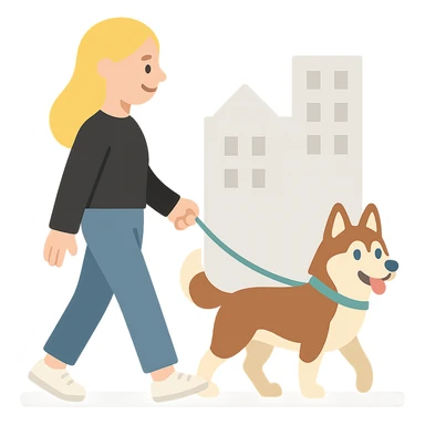 Cute Blonde woman wearing a black sweater and jeans and white sneakers walking a happy red-brown blue-eyed Siberian husky in New York City on an upper east side city sidewalk  sticker