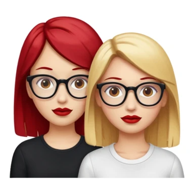 Two white girls, one has blonde hair, brown eyes and glasses and the other one has cherry red hair, brown eyes and red lips sticker