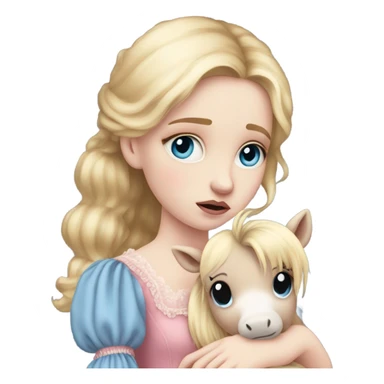 Blonde, pale skin, blue eyes girl wearing a pink dress cuddling her pony stuffed animal. She is from the Victorian era. She is sad and has tears in her eyes sticker