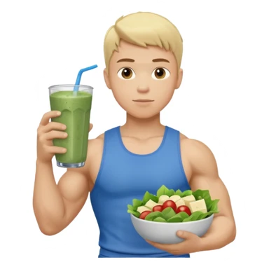 A young male person with a muscular, well-defined build. He has short blonde hair, a light skin tone, and a neutral facial expression. He wears blue cloth. He is holding a salad in one hand and a protein shake in the other. sticker