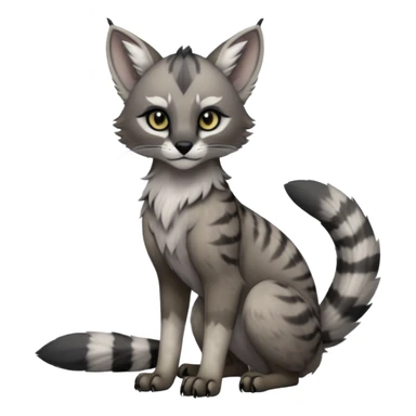 Cute kawaii cool edgy badass  ashen grey fur with smoky charcoal ombré fade fantasy-caracal-civet-genet-sergal-vernid-Gryphon-Cacomistle-Trico-oncilla-animal-Fakémon-hybrid-fursona (full body), facial markings, (realism style) sticker