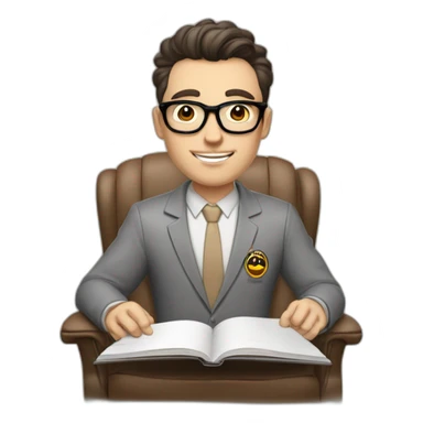 Pale skinned Fit Man With dark brown hair in gray jacket, beige office shirt and vintage glasses sitting In a soft chair with a notebook with emblem Ψ and a pen in his hands sticker