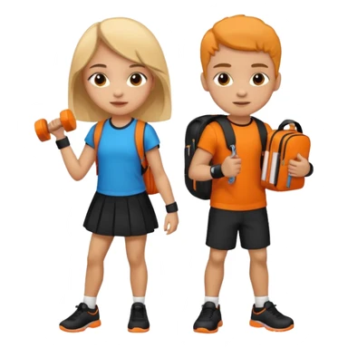 light skin students girl and boy with school bag full of books on back and dumbell in hand. Clothes are in black and orange colours  sticker
