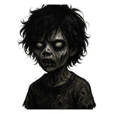 boy zombie with black, medium-long, emo, shaggy, curly, messy hair, dark and spooky, creepy expression sticker