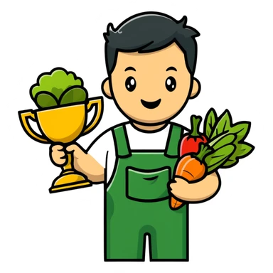 Happy gardener with trophy and prize vegetables sticker