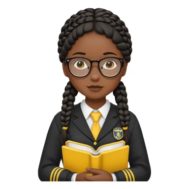 Girl student wearing uniform, glasses, hold yellow book in front of their chest, black braided hair, dark skin sticker
