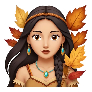 Cinematic Playful Pocahontas Portrait Emoji, Tilting her head with a knowing smirk, holding a delicate autumn leaf, eyes glimmering with adventure, an enchanting blend of confidence and charm, absolutely captivating! sticker