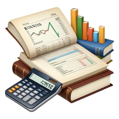 Icon for Business Reading: an open book with graphs, numbers, percentages, formulas, and text on the pages, next to a stack of books, a pile of dollars, a calculator, and a pen. The icon should represent the analytical and strategic nature of business literature. Transparent background. sticker