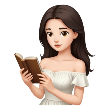 Beautiful woman in 1950’s woman fashion look, off-shoulder white dress, long dark brown hair, reading  sticker
