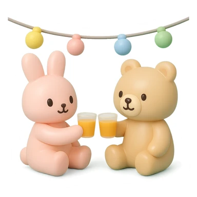 bunny and bear clinking juice cups under string lights, vinyl figure style, smooth and shiny surface sticker