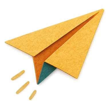Create a hand-drawn style paper airplane with no background, transparent PNG, in a detailed and artistic paper craft style. sticker