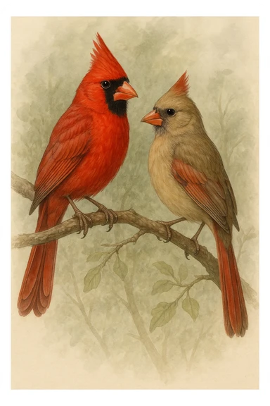 northern cardinal pair: male bold red with tall crest, black mask, orange beak; female light brown with reddish wings and tail, petite crest, faint black mask, orange beak, naturalistic style sticker