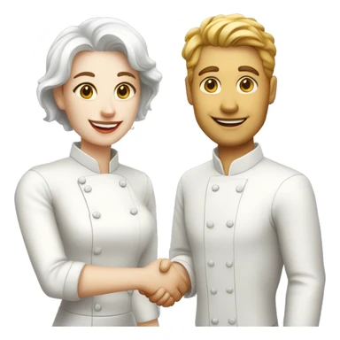 restaurant owner with white skin, and blogger with white skin, shaking hands in great detail sticker
