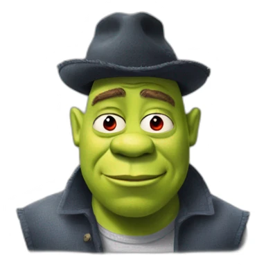 Shrek as rick astley with sic eyes and a Red hat sticker