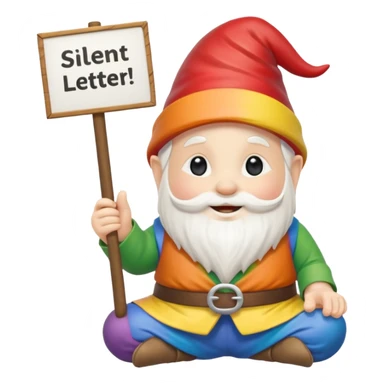 A zen rainbow garden gnome, holding a sign reading "Silent Letter Day, who's with me?” sticker