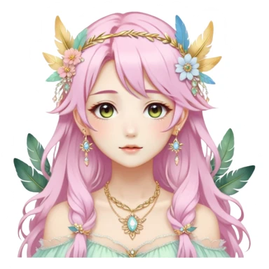 Beautiful gorgeous anime lady with beautiful pastel-special-hair, fashion aesthetic, ethereal, fairycore, pastelcore, feather, flower, crystals, accessories, gold jewelries, gold, colorful, gold laurel, gold halo, cottagecore,  sticker